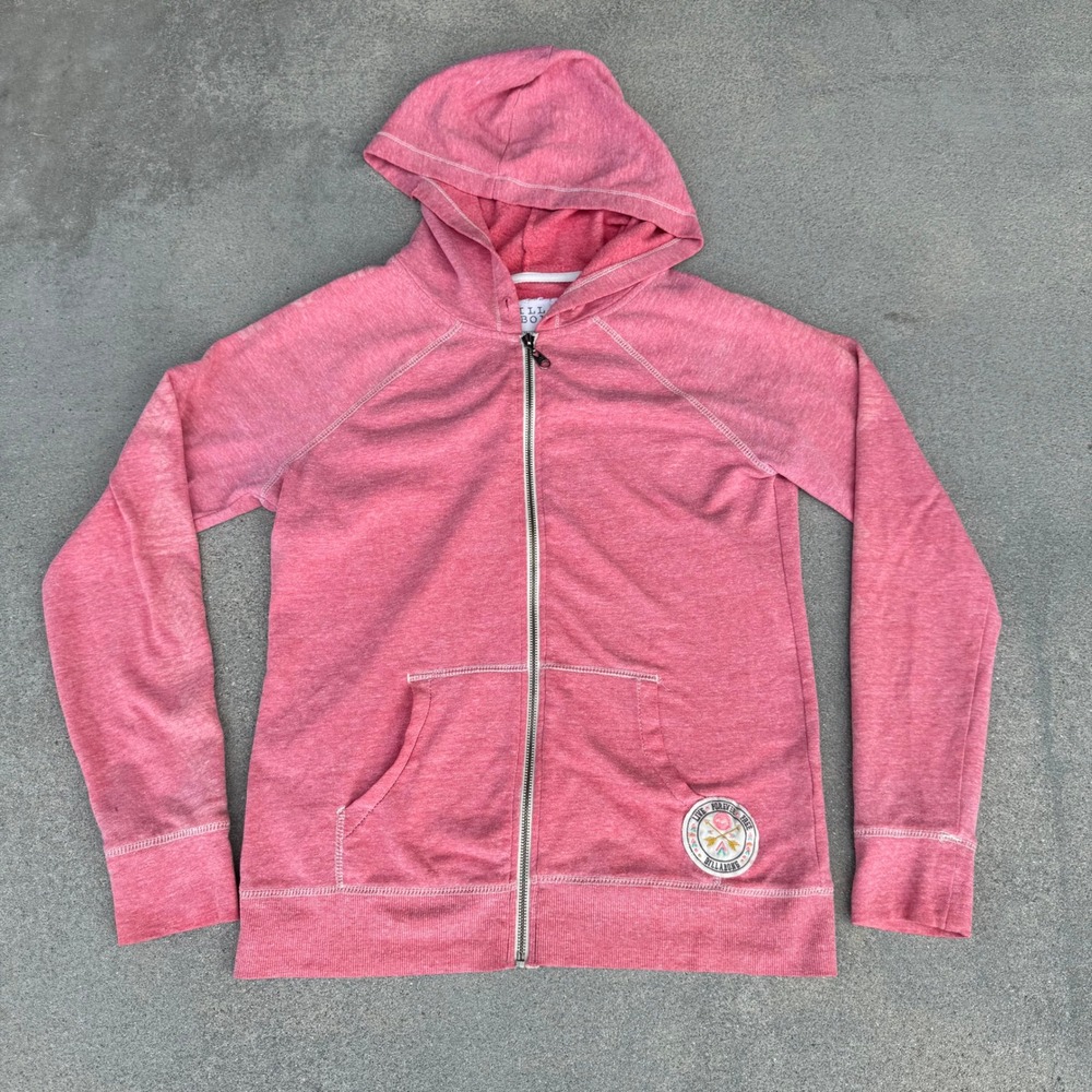 Billabong Womens Pink Heathered Zip Up Hoodie Live Forever Free Patch Size L